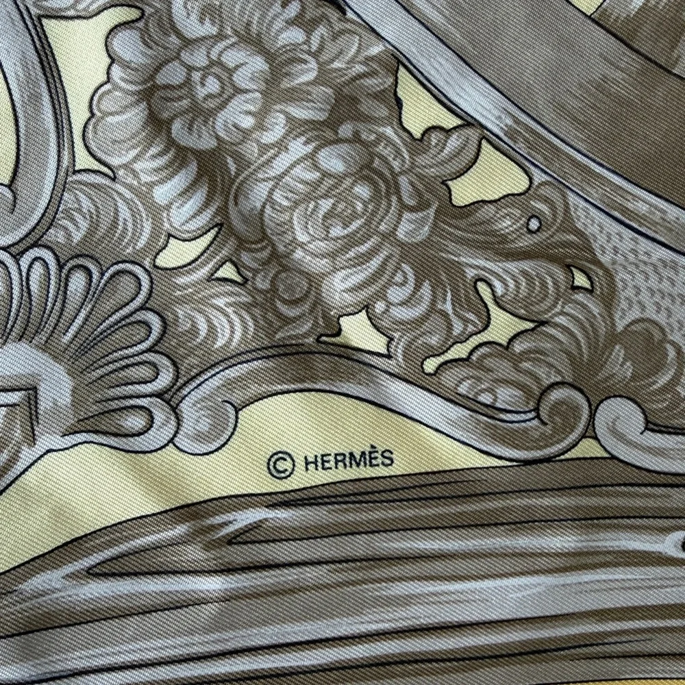 Hermes Yellow and Gray Etriers Silk Scarf